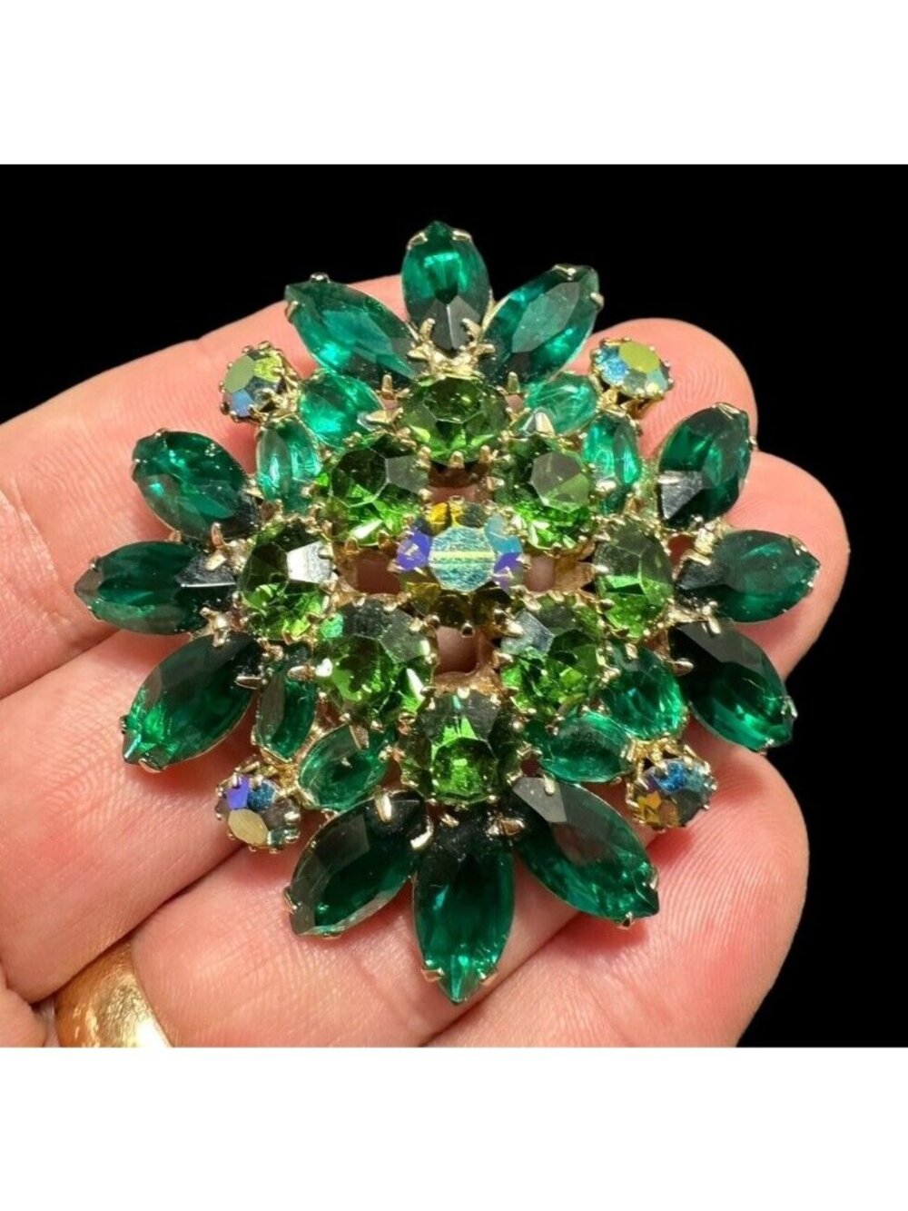 Juliana Forest Green AB Rhinestone Layered Brooch Gold Plated Vintage Prong Set